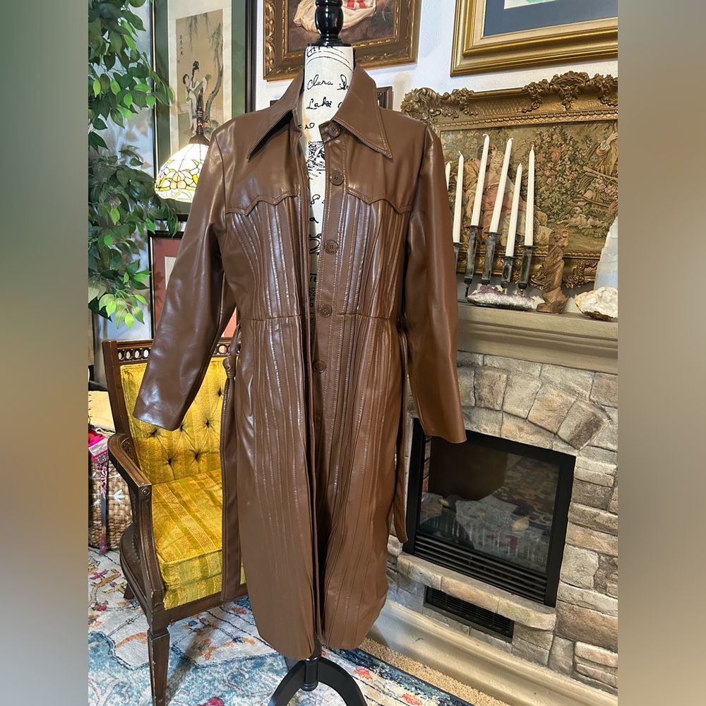 Vtg Faux Leather Pleated Trench Lane Bryant Women’s Large Brown